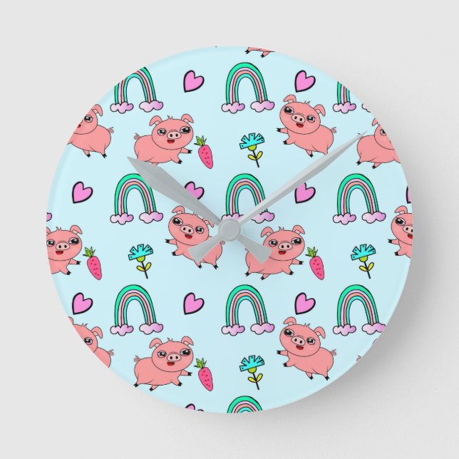 Cute and Quirky Pigs and Rainbows Pattern Round Clock (Front)