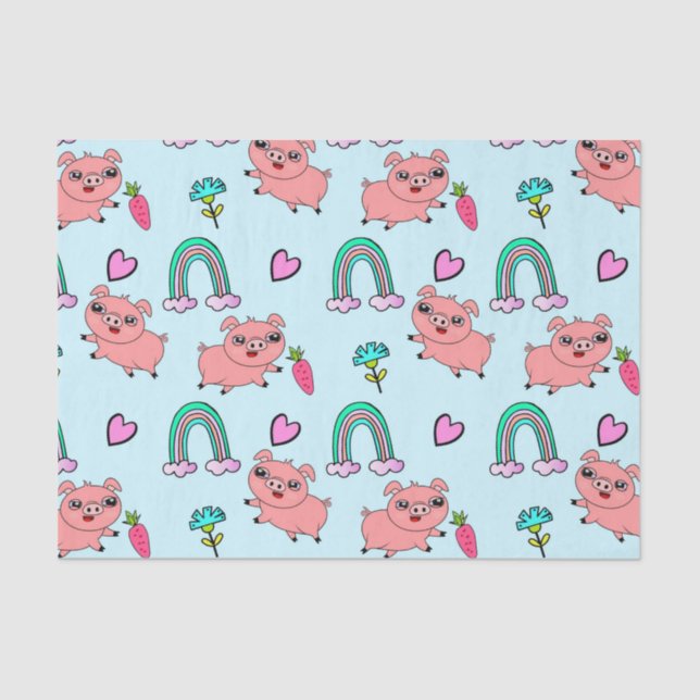 Cute and Quirky Pigs and Rainbows Pattern Tissue Paper (Front)