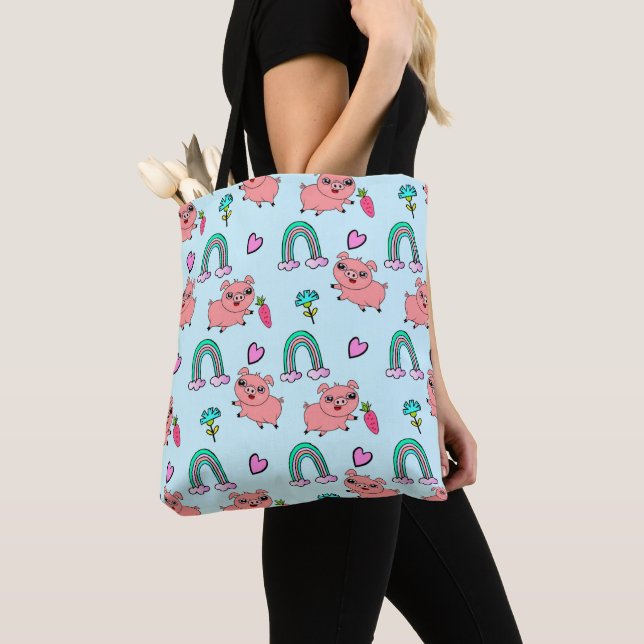 Cute and Quirky Pigs and Rainbows Pattern Tote Bag (Close Up)