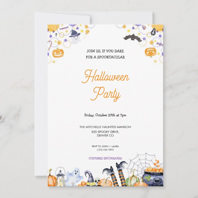 CUTE AND SCARY ORANGE AND PURPLE HALLOWEEN PARTY  INVITATION (Front)