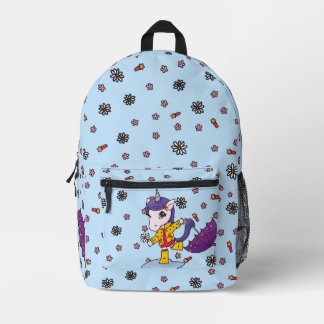 Cute and Simple Blue Floral Unicorn in Raincoat Printed Backpack