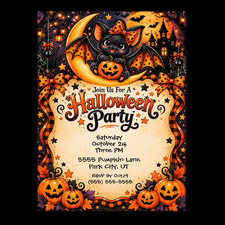 Cute and Spooky Bat Halloween Party Invitation