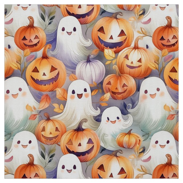 Cute and spooky ghosts and jack o lanterns fabric (Swatch)