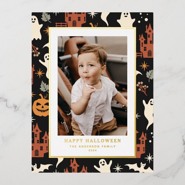 Cute and Spooky Pattern Happy Halloween Photo Foil Holiday Postcard (Front)