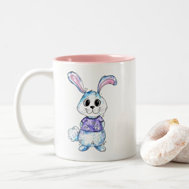 Cute and Whimsical Blue Bunny Two-Tone Coffee Mug (With Donut)