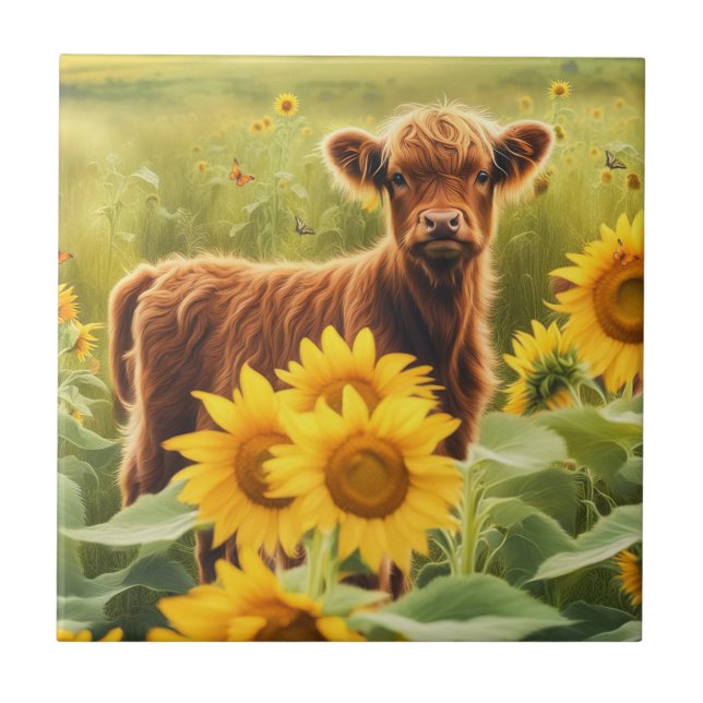 Cute and Whimsical Highland Calf Sunflowers Tile (Front)