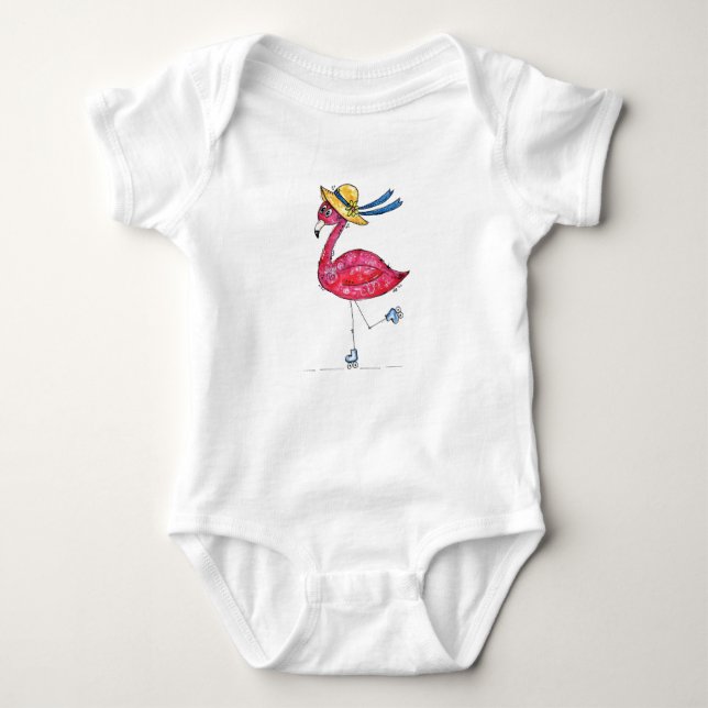 Cute and Whimsical Pink Flamingo on Skates Baby Bodysuit (Front)