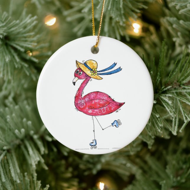 Cute and Whimsical Pink Flamingo on Skates Ceramic Tree Decoration (Tree)