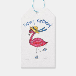 Cute and Whimsical Pink Flamingo on Skates Gift Tags