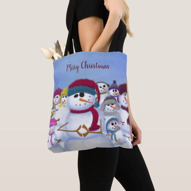 Cute and Whimsical Snowmen Tote Bag (Close Up)