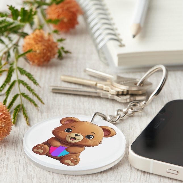Cute Androgynous Pride Flag Bear Holding Heart Key Ring (Front Right)
