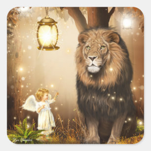 Cute Angel and Lion Fantasy Square Sticker