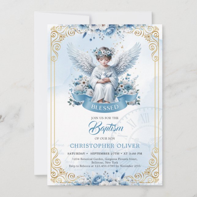 Cute angel blue flowers gold frame boy Baptism Invitation (Front)