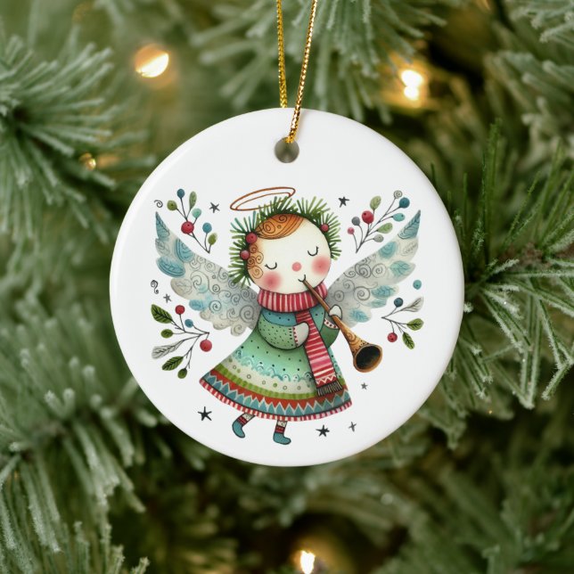 Cute Angel Folk Art Style Ceramic Tree Decoration (Tree)