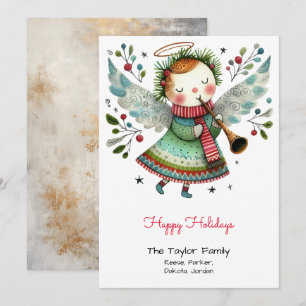 Cute Angel Illustration Red Happy Holiday Card