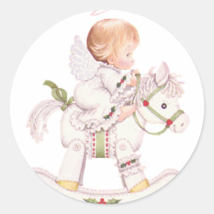 Cute Angel on a White Christmas Rocking Horse Classic Round Sticker