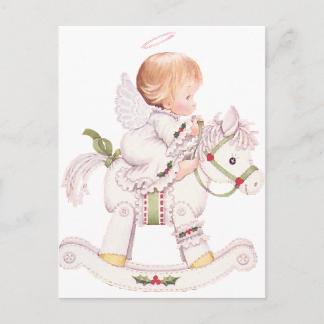 Cute Angel on a White Christmas Rocking Horse Holiday Postcard (Front)