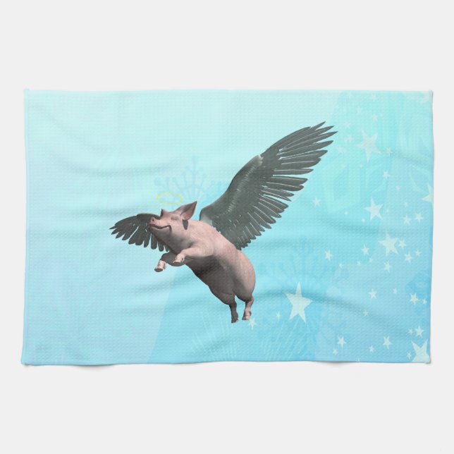 Cute Angel Pig Flying in the Sky Tea Towel (Horizontal)