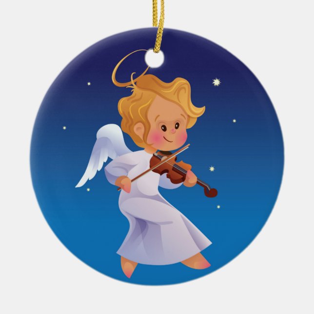 Cute angel playing violin ceramic tree decoration (Front)
