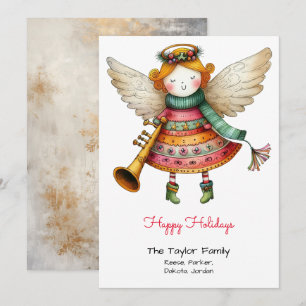 Cute Angel Whimsical Illustration Red Happy Holiday Card