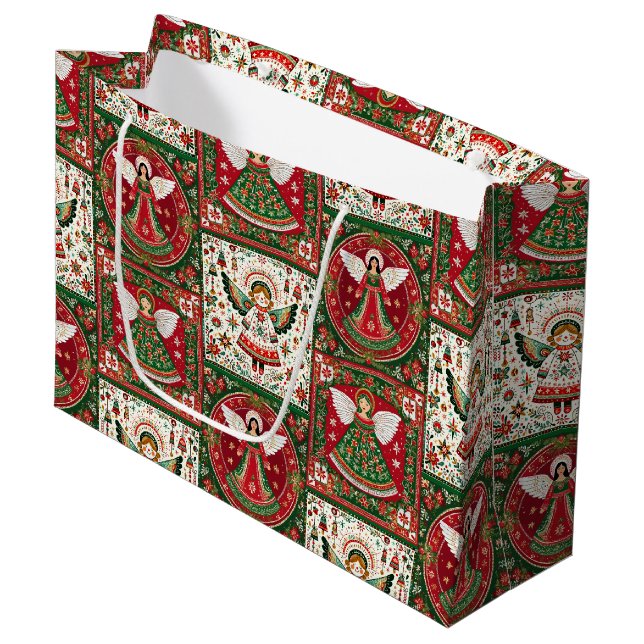 Cute Angels in Christmas Red & Green  Large Gift Bag (Front Angled)