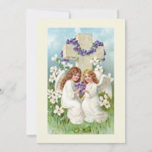 Cute Angels With Cross And Flowers Invitation