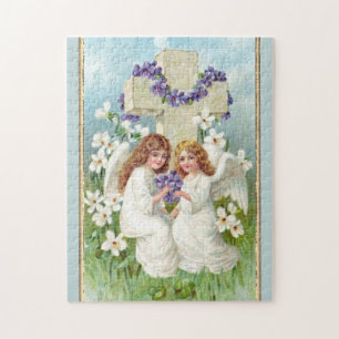 Cute Angels With Cross And Flowers Jigsaw Puzzle