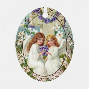 Cute Angels With Cross And Flowers Metal Tree Decoration