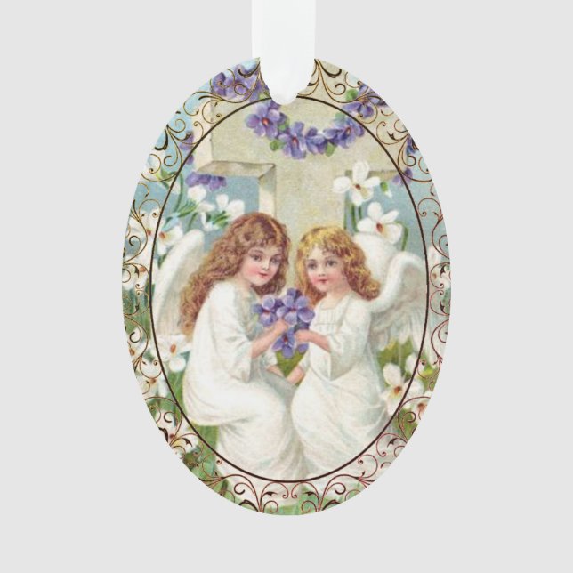 Cute Angels With Cross And Flowers  Ornament (Front)