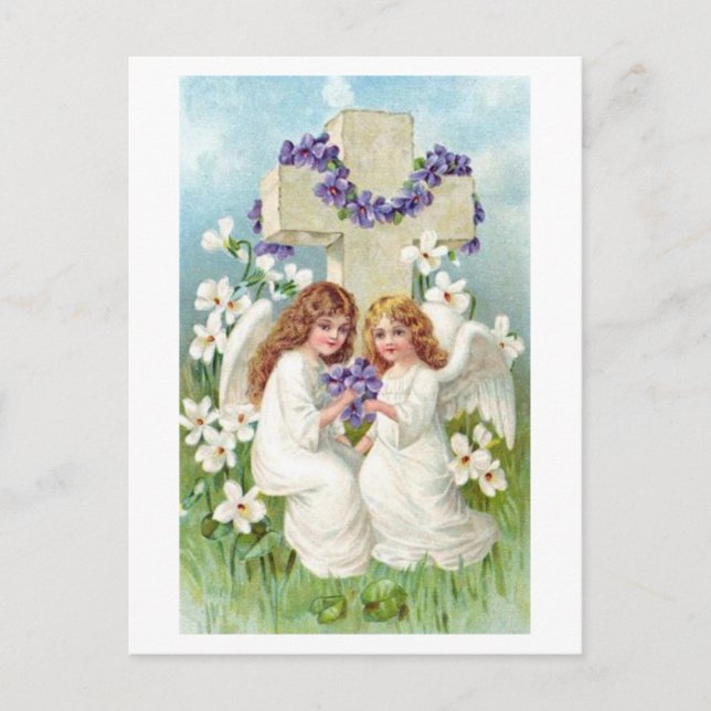 Cute Angels With Cross And Flowers. Postcard (Front)