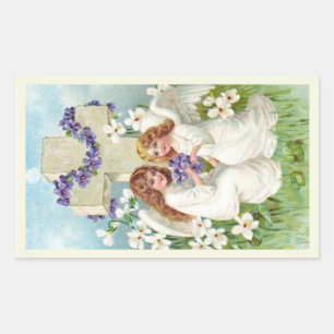 Cute Angels With Cross And Flowers Rectangular Sticker