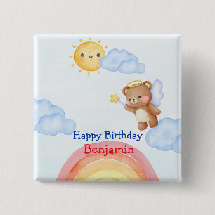 Cute Angle teddy bear wing Birthday Party 15 Cm Square Badge