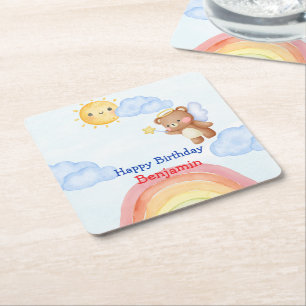 Cute Angle teddy bear wing Birthday Party Square Paper Coaster