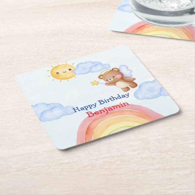Cute Angle teddy bear wing Birthday Party Square Paper Coaster (Angled)