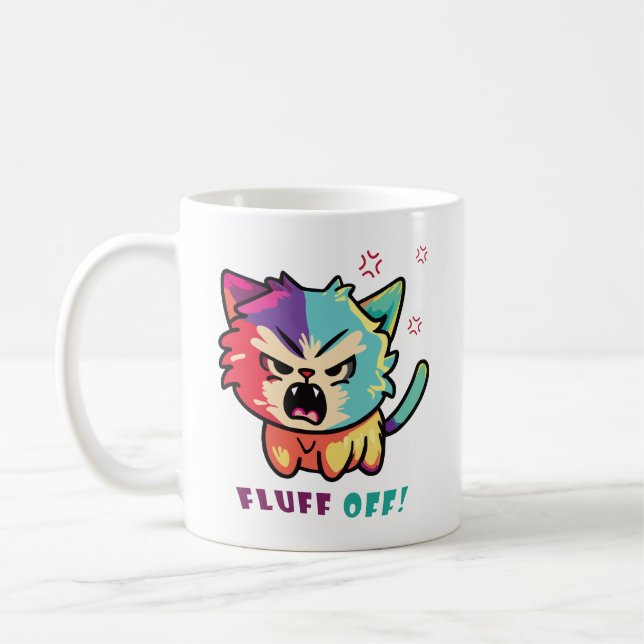 Cute angry cat hissing Fluff Off. Coffee Mug (Left)