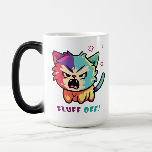 Cute angry cat hissing Fluff Off. Magic Mug (Left)