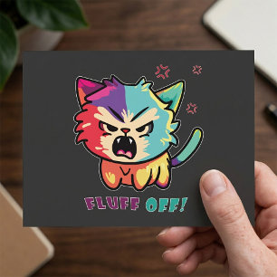 Cute angry cat hissing Fluff Off. Postcard