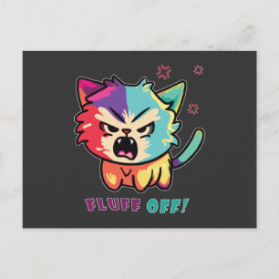 Cute angry cat hissing Fluff Off. Postcard