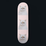 Cute Angry Fluffy Pink White Kitty Cat Portrait Skateboard<br><div class="desc">This cute and cuddly design is perfect for the kitty cat lover. It features a hand-painted white fluffy Himalayan kitten with bright blue eyes on top of a simple blush pink background. It's a modern, adorable, artsy, and trendy animal design. ***IMPORTANT DESIGN NOTE: For any custom design request such as...</div>
