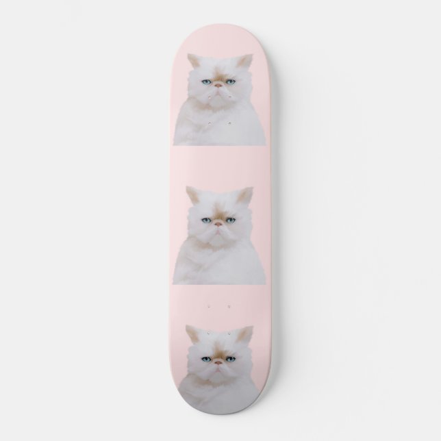 Cute Angry Fluffy Pink White Kitty Cat Portrait Skateboard (Front)