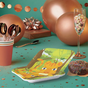 Cute Angry Tiger Cartoon in Jungle Paper Plate