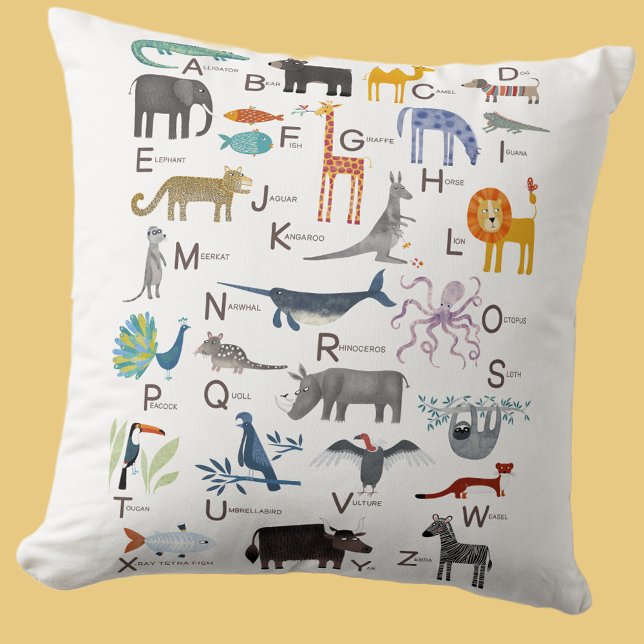 Cute Animal ABC Alphabet Kids Cushion (Cute animal ABC alphabet pillow for newborn, boy or girl gender neutral nursery or kids room decor)