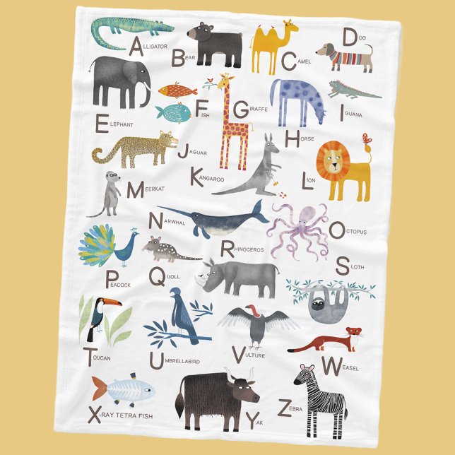 Cute Animal ABC Alphabet Kids Fleece Blanket (Cute animal ABC alphabet blanket for newborn, boy or girl gender neutral nursery or kids room decor)