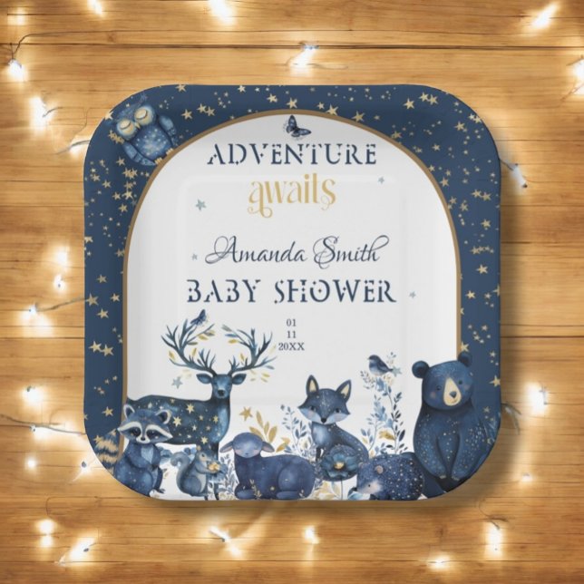 Cute Animal Adventure Night Sky Baby Shower Paper Plate (Creator Uploaded)