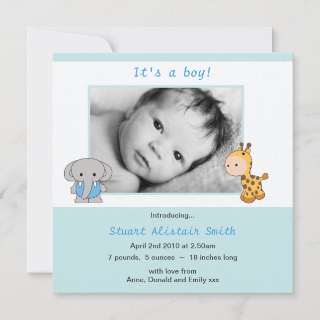 Cute Animal Blue Baby Boy Photo Announcement (Front)