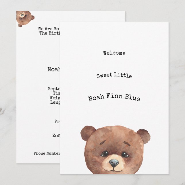 Cute Animal Brown Bear Sweet Baby Announcement (Front/Back)