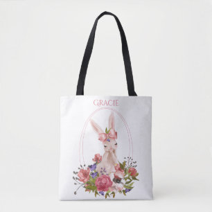 Cute Animal Bunny Floral Watercolor Name Tote Bag