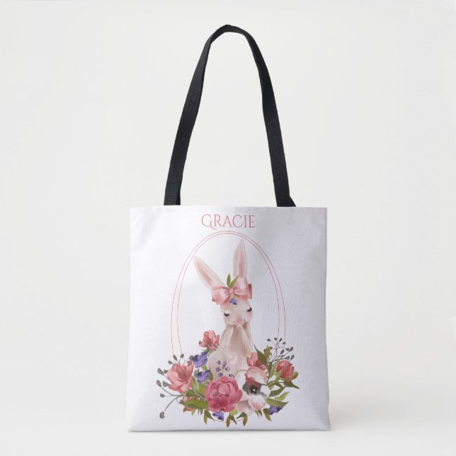Cute Animal Bunny Floral Watercolor Name Tote Bag (Front)