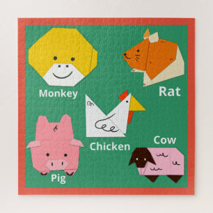 Cute animal cartoons Fun colours Sage green Orange Jigsaw Puzzle