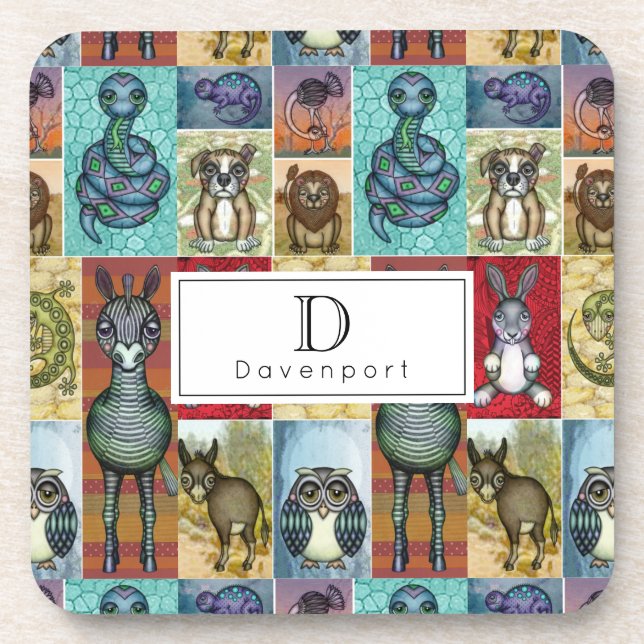 Cute Animal Collage Folk Art Design Personalised Coaster (Front)